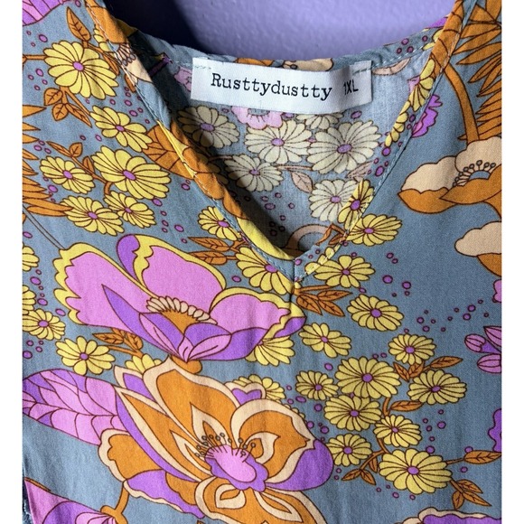 Rustydustty Floral Boho Babydoll Top Women's XL Retro 70s Cottagecore Hippie - Picture 3 of 5